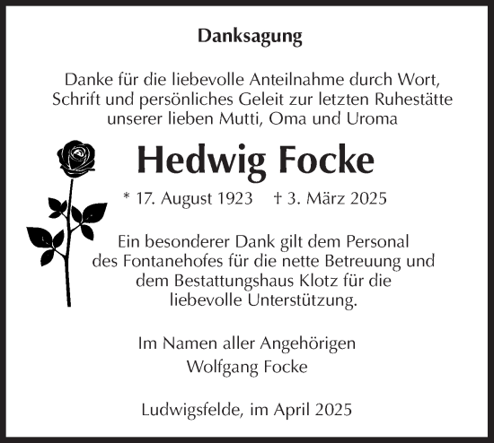 Traueranzeige von Hedwig Focke von Märkische Oderzeitung