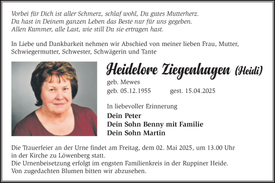 Traueranzeige von Heidelore Ziegenhagen von Märkische Oderzeitung