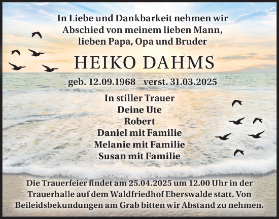 Traueranzeige von Heiko Dahms von Märkische Oderzeitung