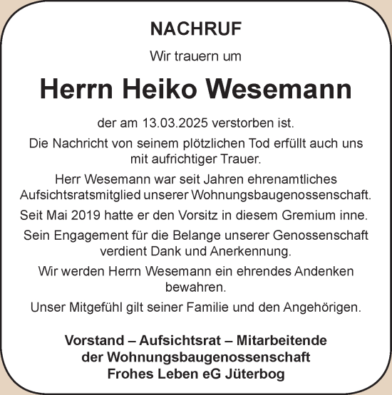 Traueranzeige von Heiko Wesemann von Märkische Oderzeitung