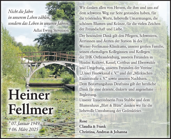 Traueranzeige von Heiner Fellmer von Märkische Oderzeitung