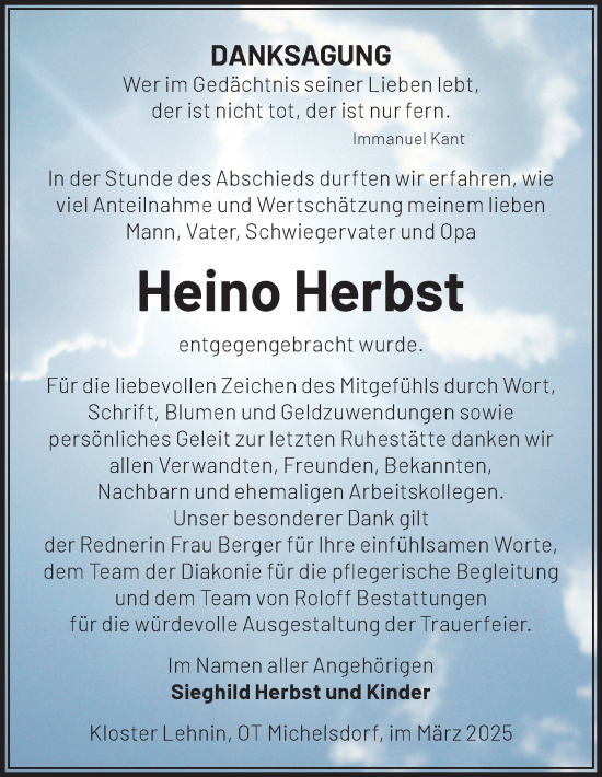 Traueranzeige von Heino Herbst von Märkische Oderzeitung