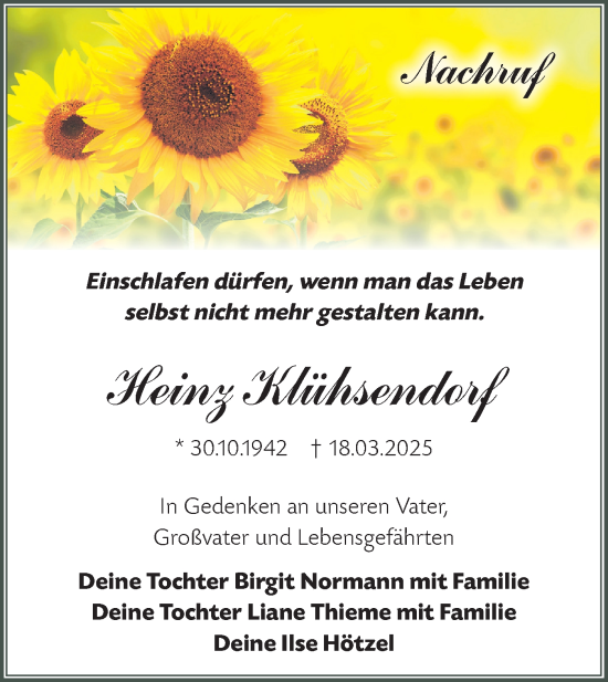Traueranzeige von Heinz Klühsendorf von Märkische Oderzeitung