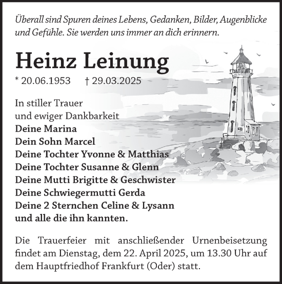 Traueranzeige von Heinz Leinung von Märkische Oderzeitung