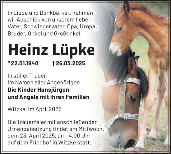 Traueranzeige von Heinz Lüpke von Märkische Oderzeitung