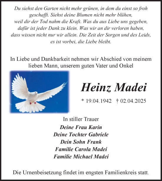 Traueranzeige von Heinz Madei von Märkische Oderzeitung