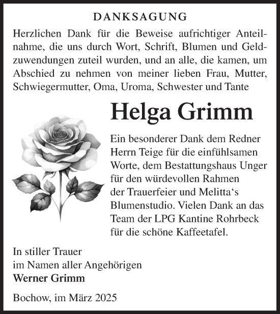 Traueranzeige von Helga Grimm von Märkische Oderzeitung