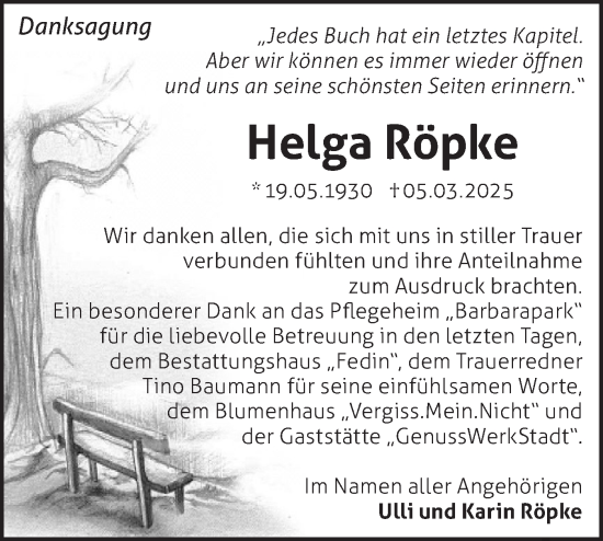 Traueranzeige von Helga Röpke von Märkische Oderzeitung