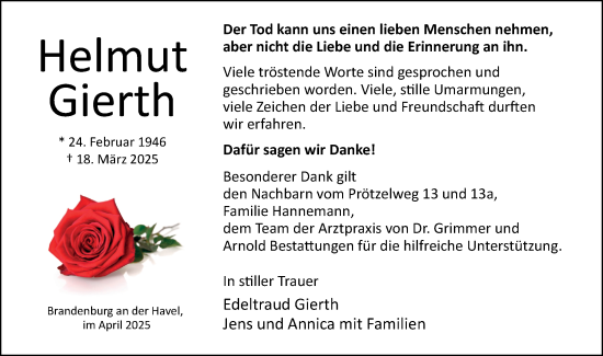 Traueranzeige von Helmut Gierth von Märkische Oderzeitung