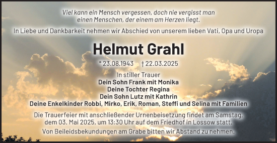 Traueranzeige von Helmut Grahl von Märkische Oderzeitung