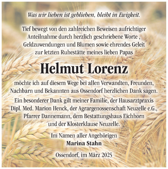 Traueranzeige von Helmut Lorenz von Märkische Oderzeitung