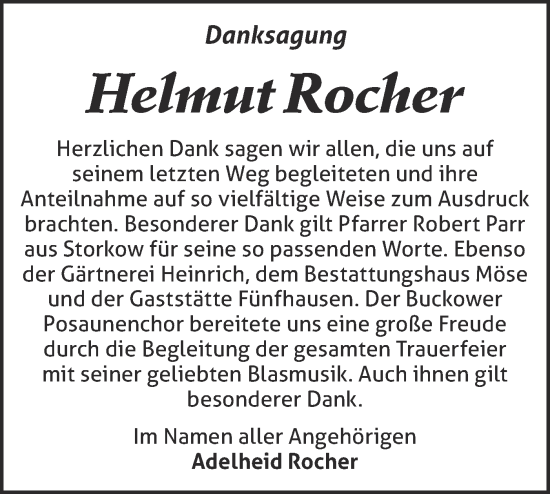 Traueranzeige von Helmut Rocher von Märkische Oderzeitung