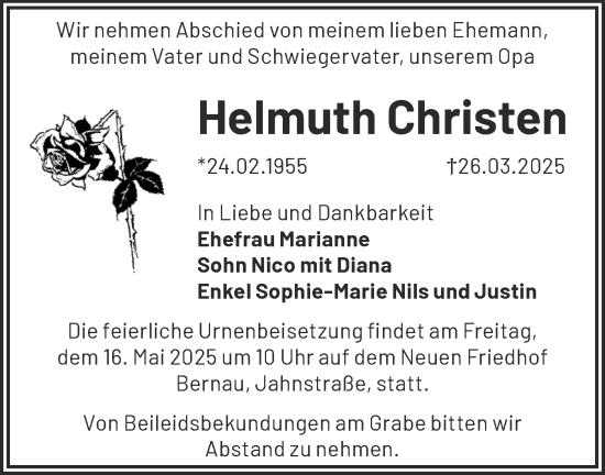 Traueranzeige von Helmuth Christen von Märkische Oderzeitung