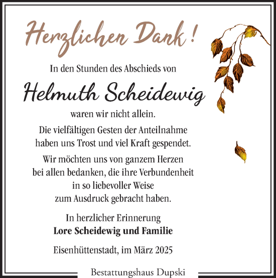 Traueranzeige von Helmuth Scheidewig von Märkische Oderzeitung
