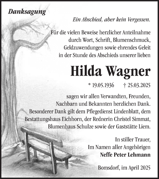 Traueranzeige von Hilda Wagner von Märkische Oderzeitung