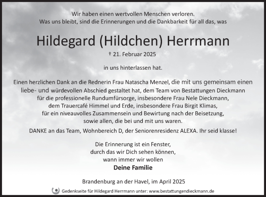 Traueranzeige von Hildegard Herrmann von Märkische Oderzeitung