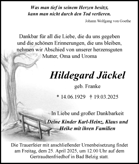 Traueranzeige von Hildegard Jäckel von Märkische Oderzeitung