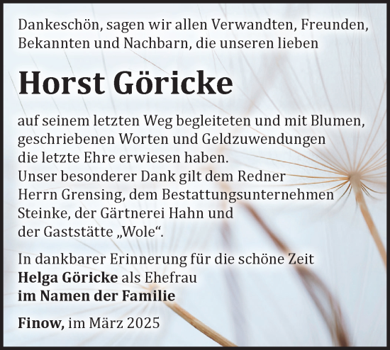 Traueranzeige von Horst Göricke von Märkische Oderzeitung