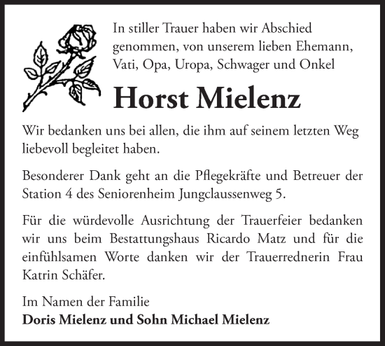 Traueranzeige von Horst Mielenz von Märkische Oderzeitung