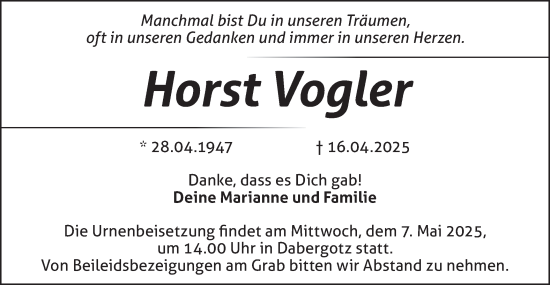 Traueranzeige von Horst Vogler von Märkische Oderzeitung