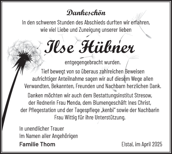 Traueranzeige von Ilse Hübner von Märkische Oderzeitung