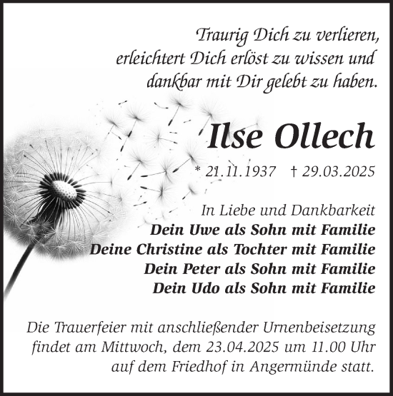 Traueranzeige von Ilse Ollech von Märkische Oderzeitung