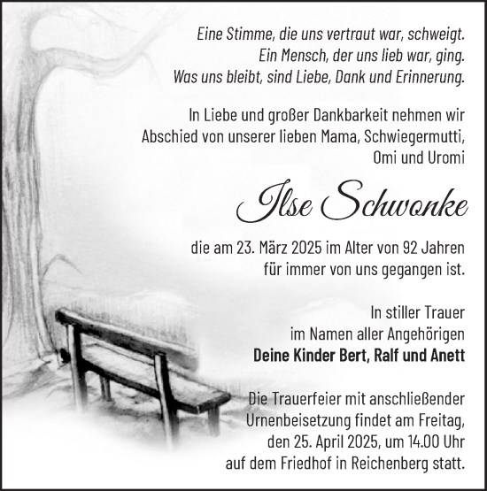 Traueranzeige von Ilse Schwonke von Märkische Oderzeitung