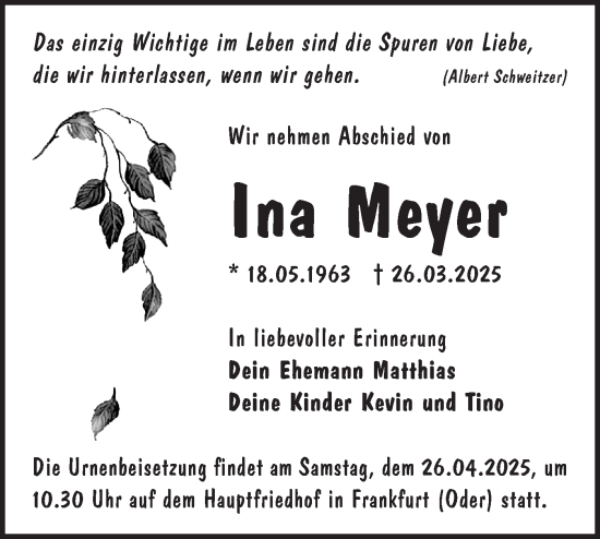Traueranzeige von Ina Meyer von Märkische Oderzeitung