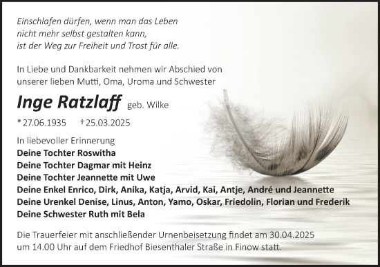 Traueranzeige von Inge Ratzlaff von Märkische Oderzeitung