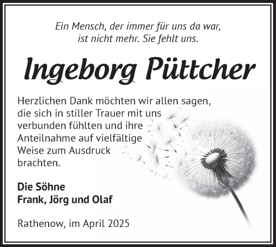 Traueranzeige von Ingeborg Püttcher von Märkische Oderzeitung