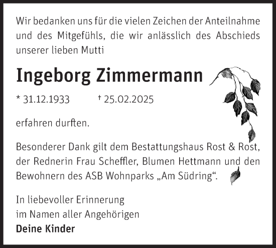 Traueranzeige von Ingeborg Zimmermann von Märkische Oderzeitung