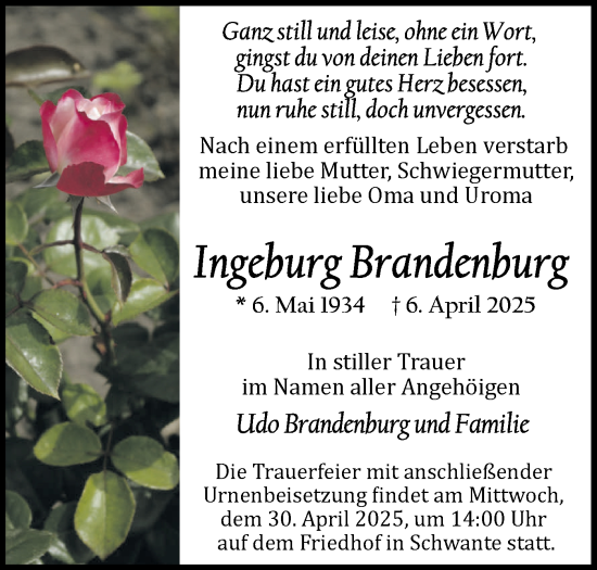 Traueranzeige von Ingeburg Brandenburg von Märkische Oderzeitung