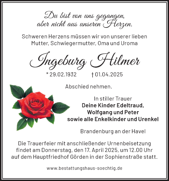 Traueranzeige von Ingeburg Hilmer von Märkische Oderzeitung