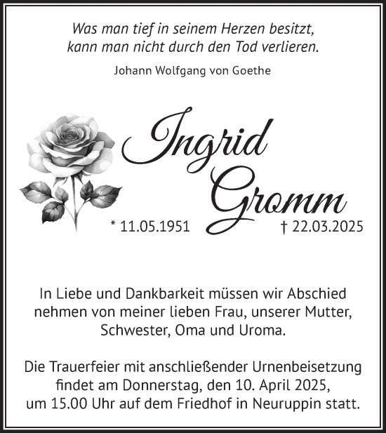 Traueranzeige von Ingrid Gromm von Märkische Oderzeitung