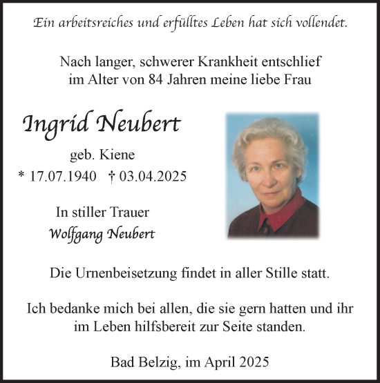 Traueranzeige von Ingrid Neubert von Märkische Oderzeitung