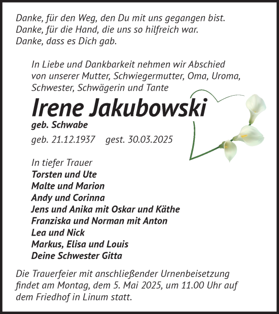 Traueranzeige von Irene Jakubowski von Märkische Oderzeitung