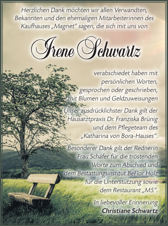 Traueranzeige von Irene Schwartz von Märkische Oderzeitung