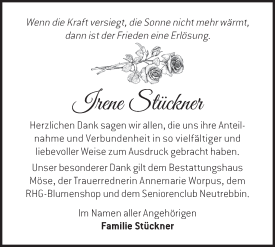 Traueranzeige von Irene Stückner von Märkische Oderzeitung