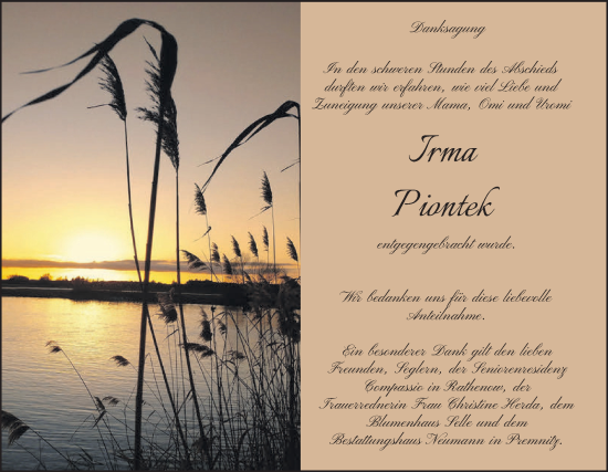 Traueranzeige von Irma Piontek von Märkische Oderzeitung