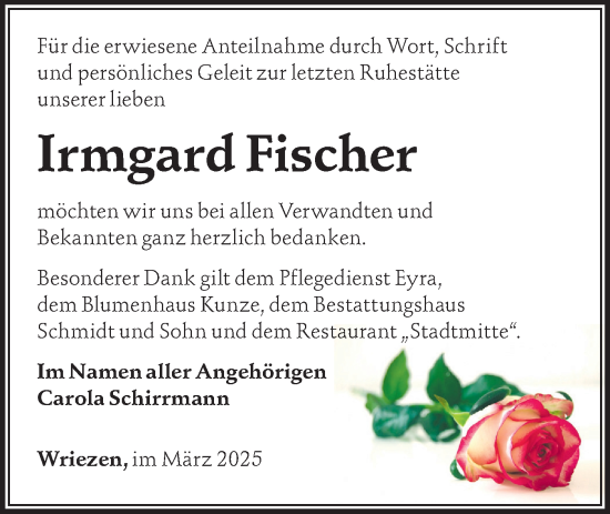 Traueranzeige von Irmgard Fischer von Märkische Oderzeitung