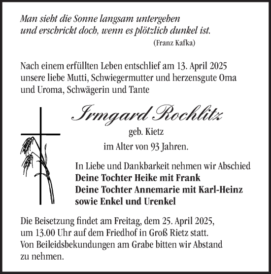 Traueranzeige von Irmgard Rochlitz von Märkische Oderzeitung