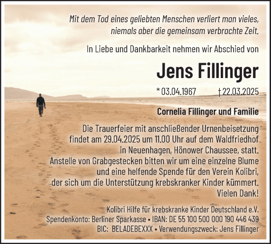 Traueranzeige von Jens Fillinger von Märkische Oderzeitung