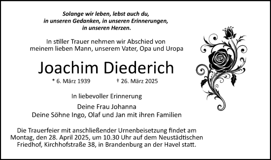 Traueranzeige von Joachim Diederich von Märkische Oderzeitung