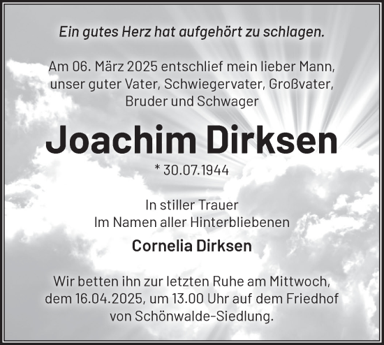 Traueranzeige von Joachim Dirksen von Märkische Oderzeitung