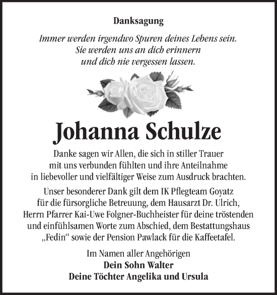 Traueranzeige von Johanna Schulze von Märkische Oderzeitung