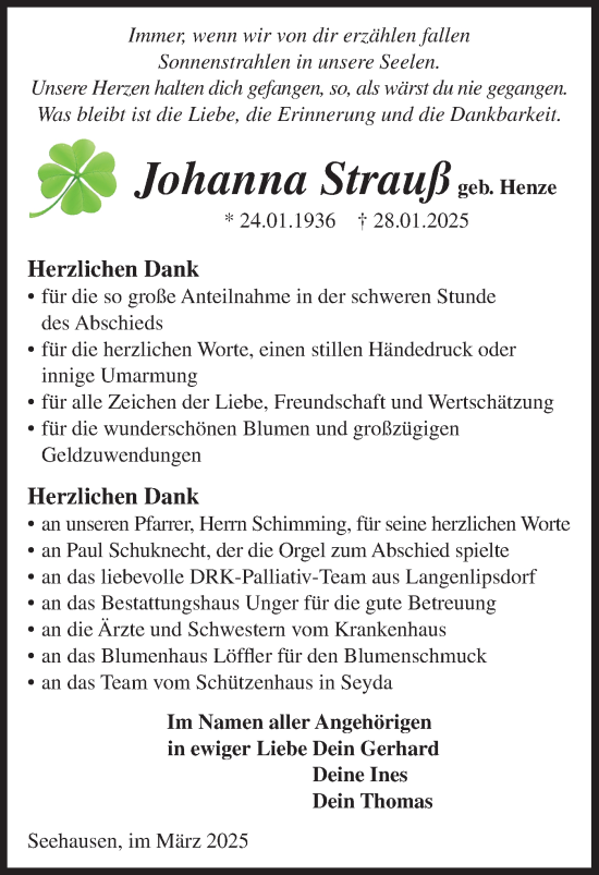 Traueranzeige von Johanna Strauß von Märkische Oderzeitung