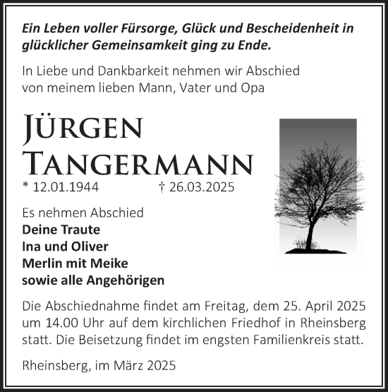 Traueranzeige von Jürgen Tangermann von Märkische Oderzeitung