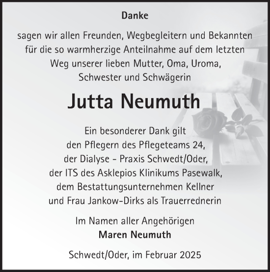 Traueranzeige von Jutta Neumuth von Märkische Oderzeitung