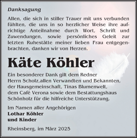 Traueranzeige von Käte Köhler von Märkische Oderzeitung