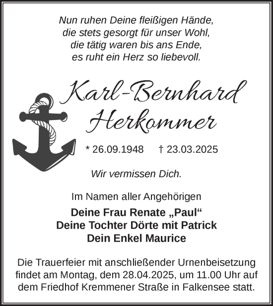 Traueranzeige von Karl-Bernhard Herkommer von Märkische Oderzeitung